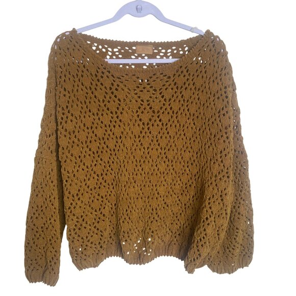 POL Chunky Open Knit Crochet Pullover Sweater Womens S Mustard Brown Pullover Ov - Picture 3 of 8